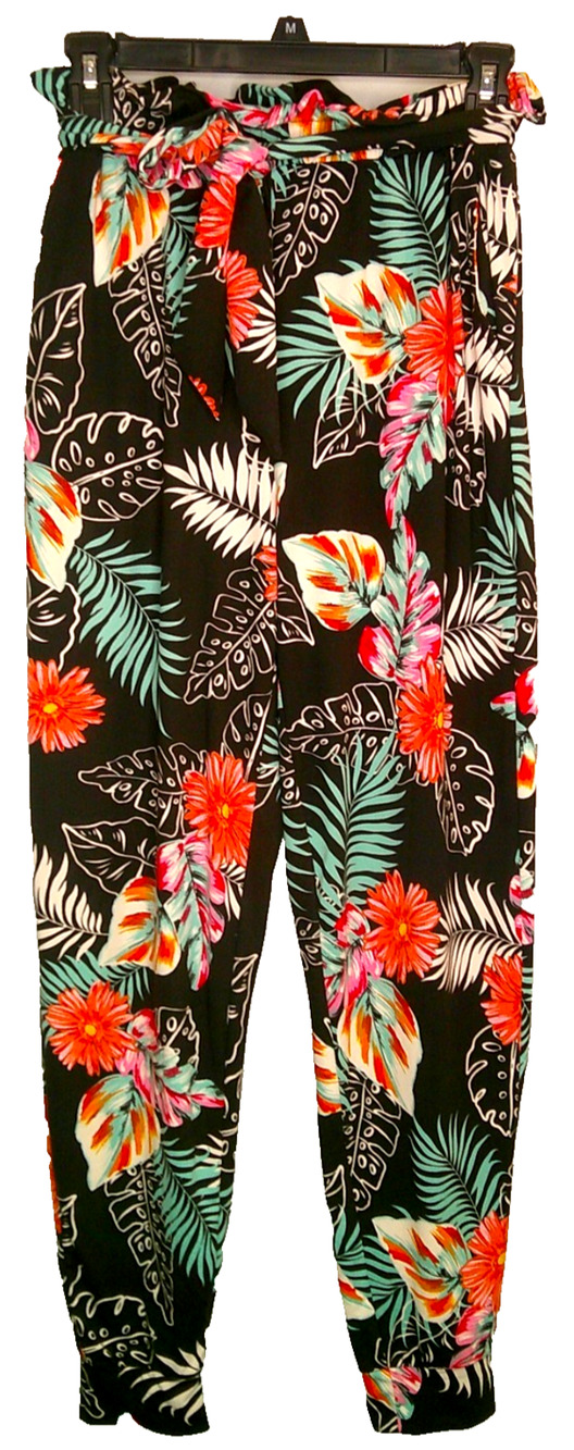 Full Circle Trends Women's Medium Black Tropical Floral Jogger Pants with Tie wa